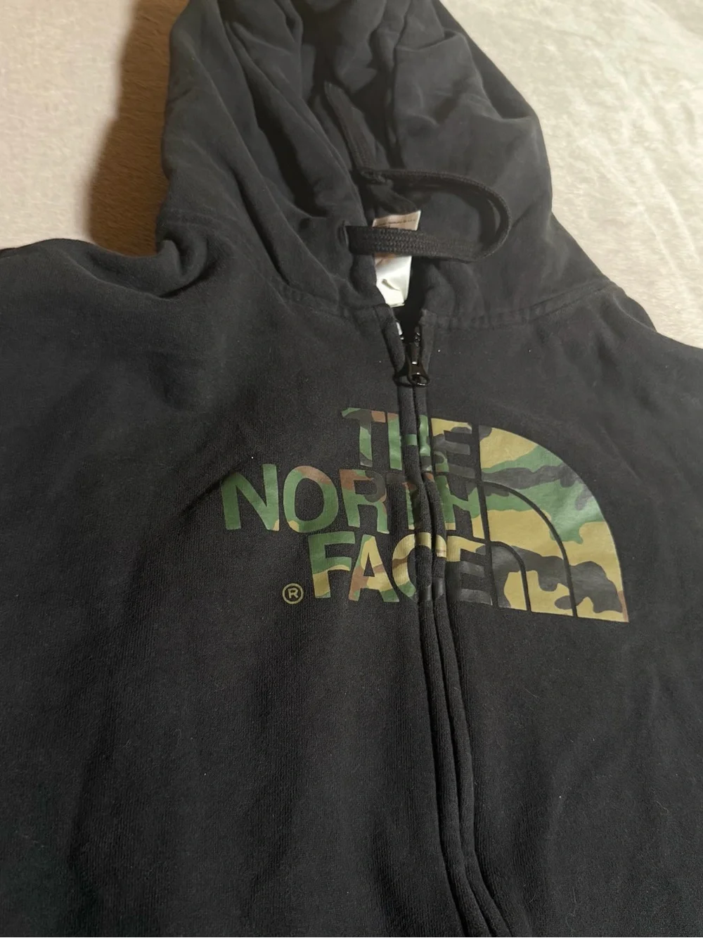 The North Face Charcoal Gray Hoodie with Camouflage Logo